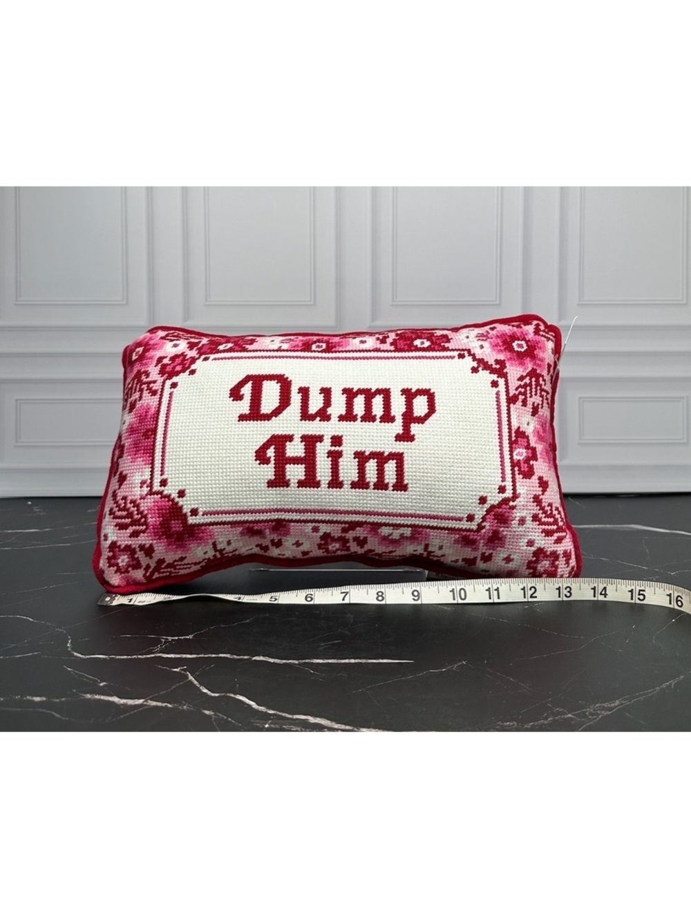 'Dump Him' Cross-Stitch Decorative Throw Pillow with Floral Border - Picture 3 of 7